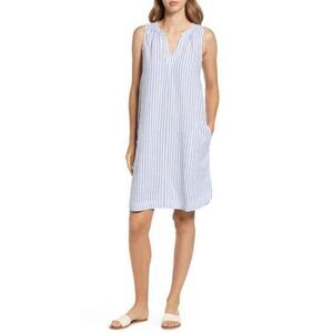 Womens BeachLunchLounge Tally Stripe Sleeveless Chambray Cotton Linen Dress XS